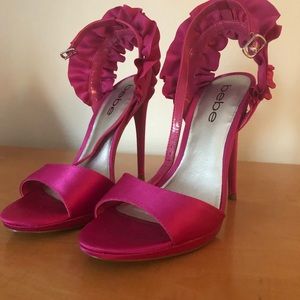 bebe Bright Pink Satin Ruffle Heels Size 10